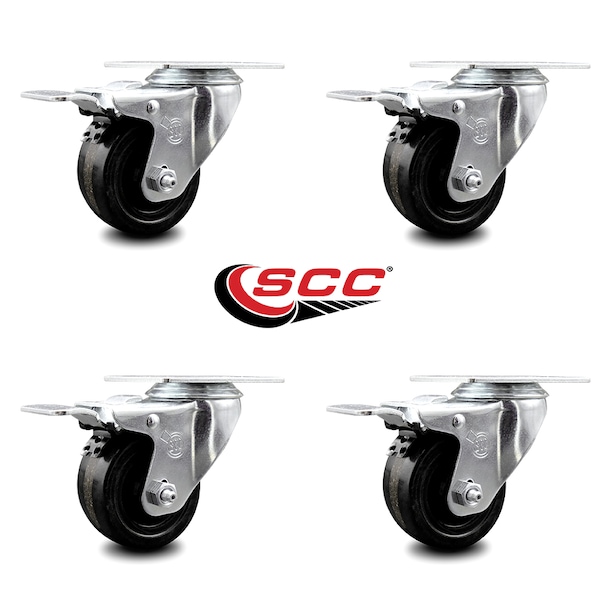 3 Inch Phenolic Swivel Top Plate Caster Set with Total Lock Brake